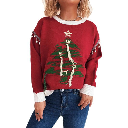 Pull de Noël Femme – Motif Sapin et Liserés Blancs, Col Rond, Coupe Confort
