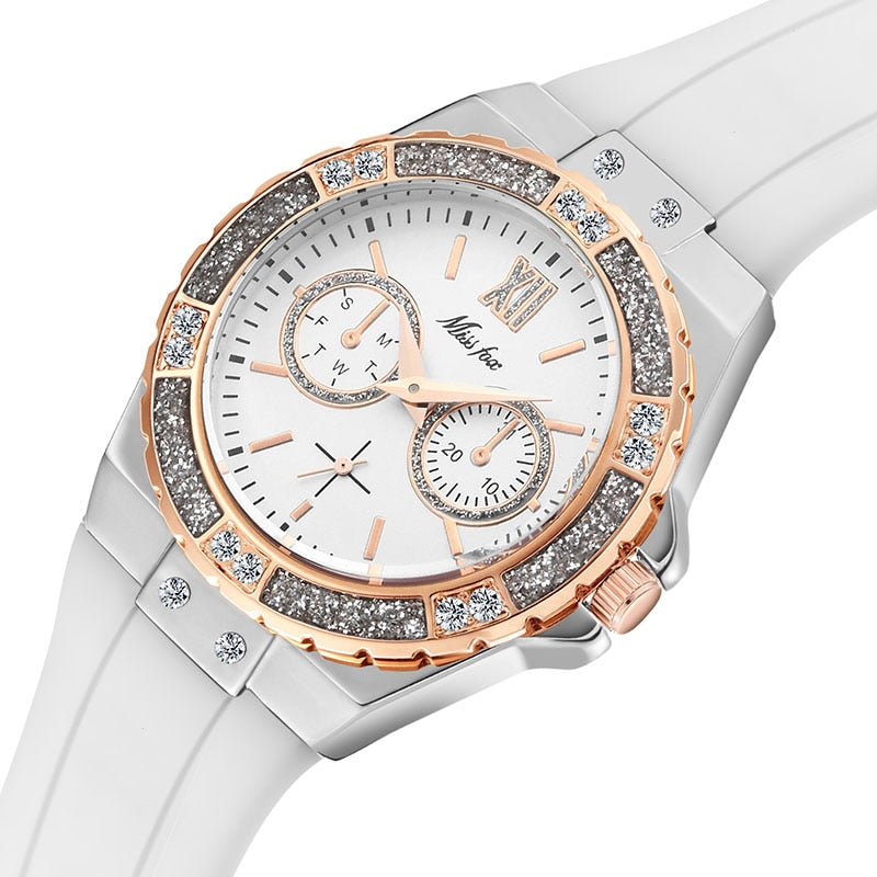 MISSFOX  2593 Montre Femme Chronographe Glam – Cadran Bleu & Détails Rose Gold