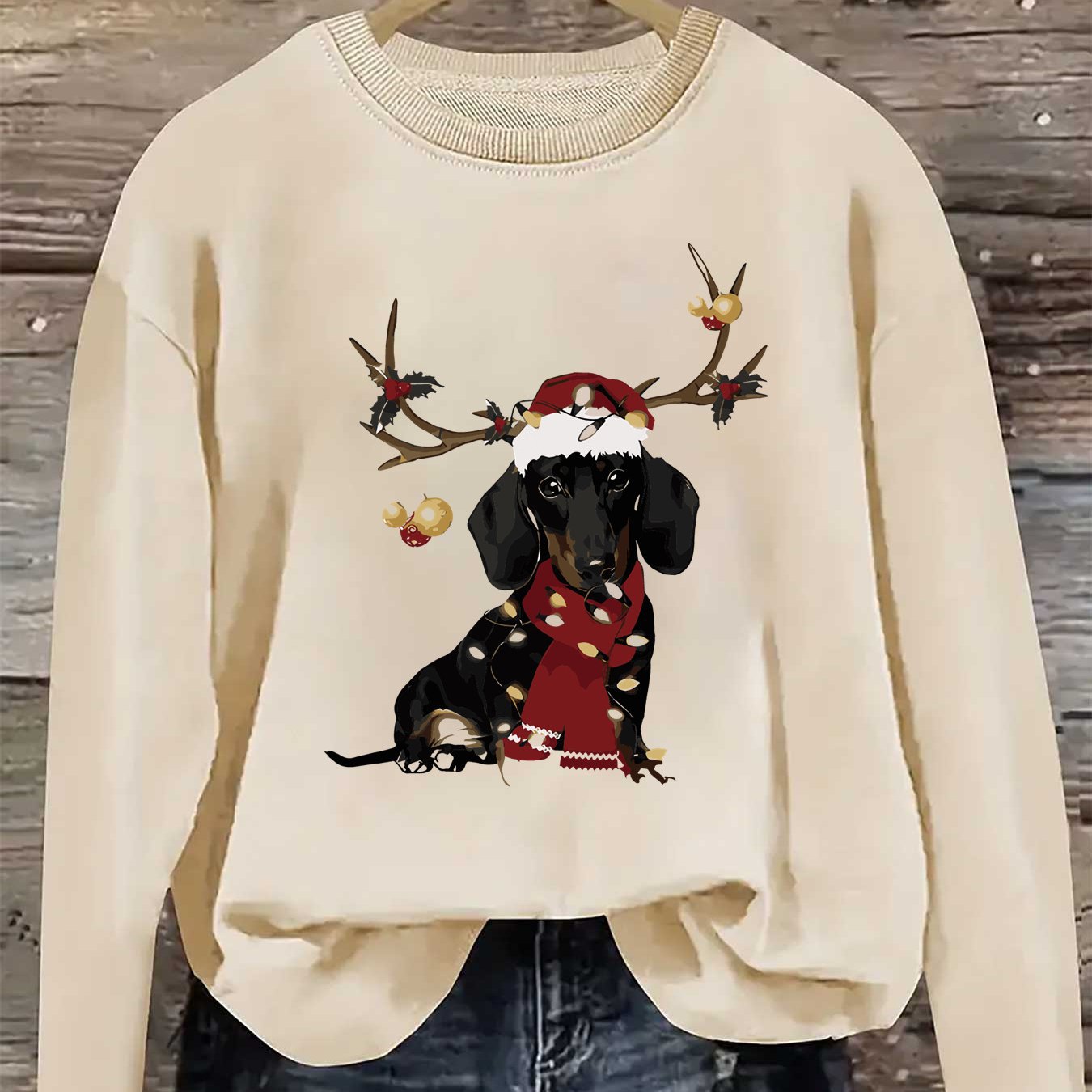 Sweat de Noël Rose “Teckel Festif” – Col Rond & Détails Mignons