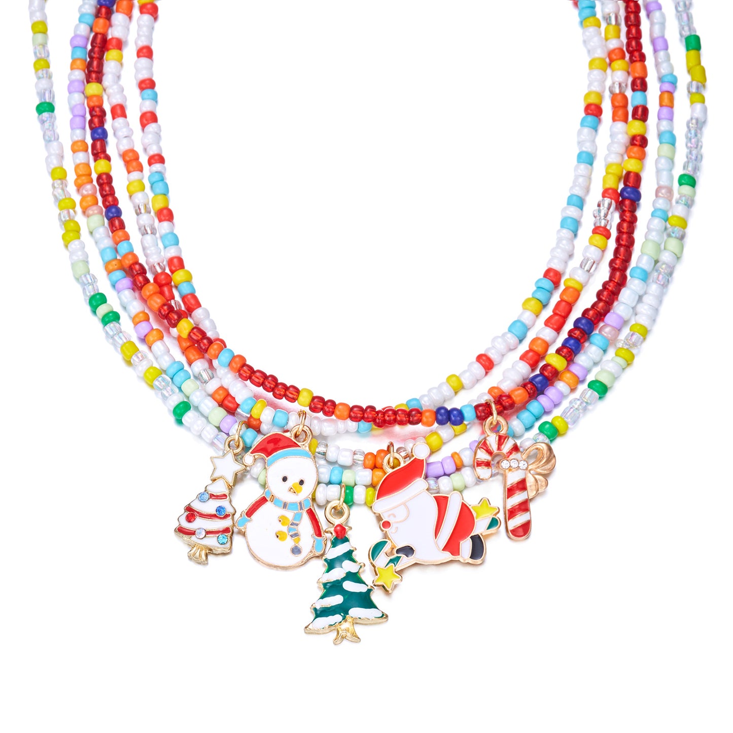 Collier de Perles Colorées – Édition Noël  | Multi-rangs & Breloques Festives