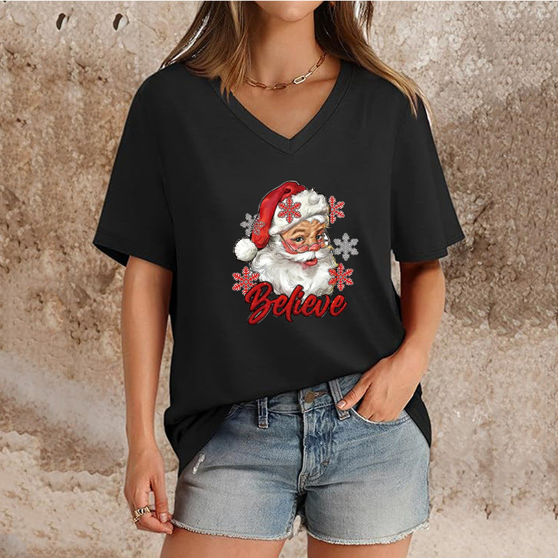T-shirt de Noël à col en V et manches courtes pour femme