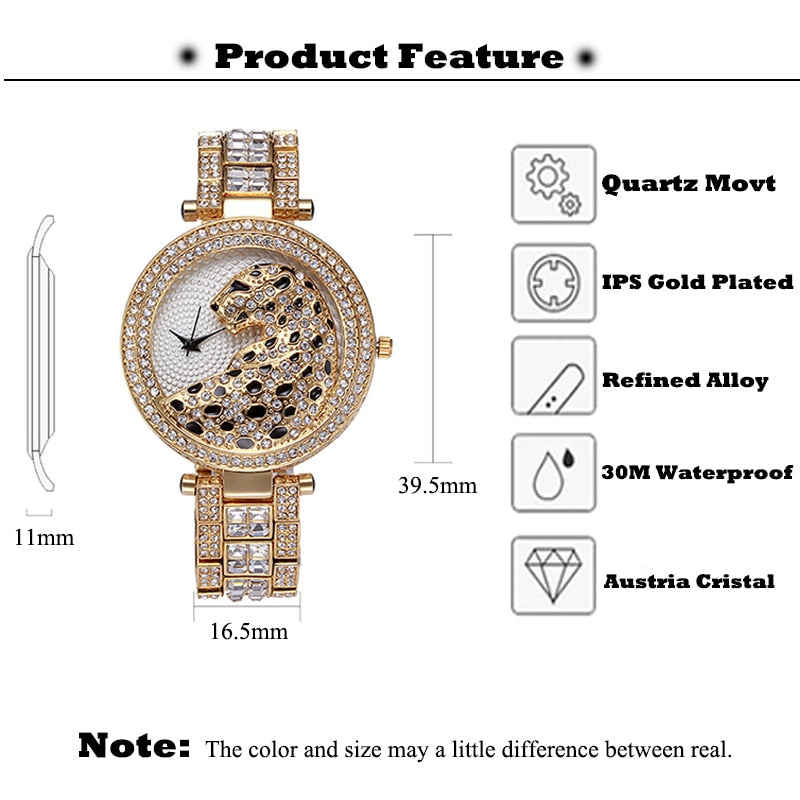 MISSFOX V227 Montre Femme Léopard – Cristaux Brillants & Élégance Dorée