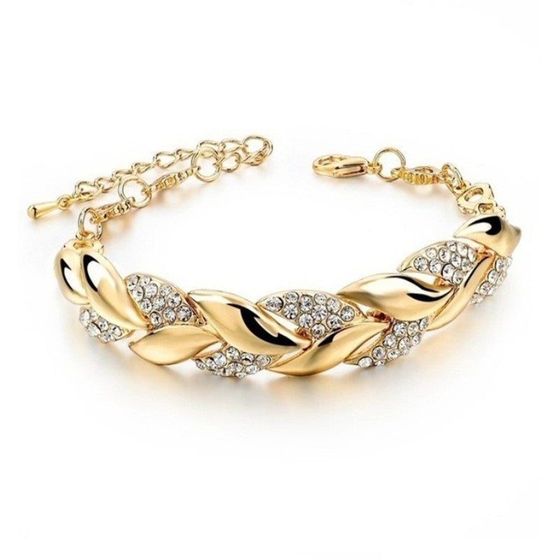 Bracelet Feuilles Dorées & Cristaux – Élégance Brillante 18K ✨