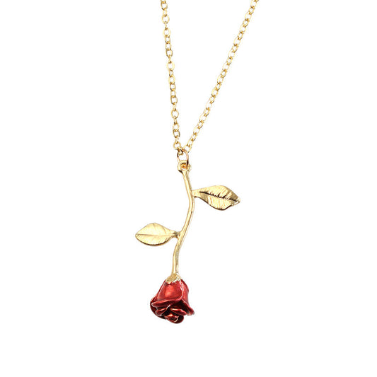Collier Rose Rouge - Alliage Doré & Pendentif Fleur