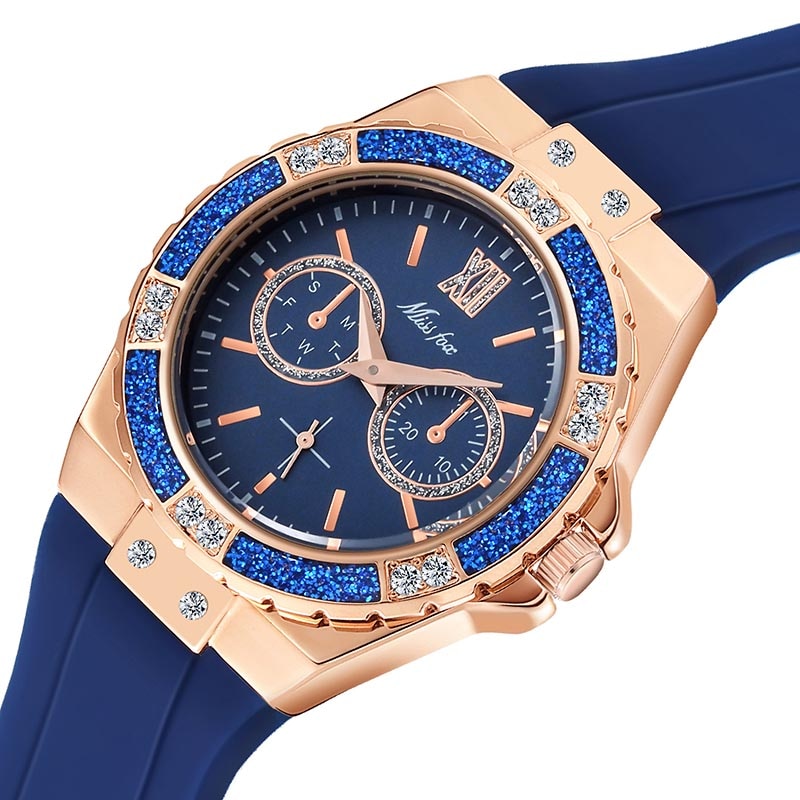 MISSFOX  2593 Montre Femme Chronographe Glam – Cadran Bleu & Détails Rose Gold
