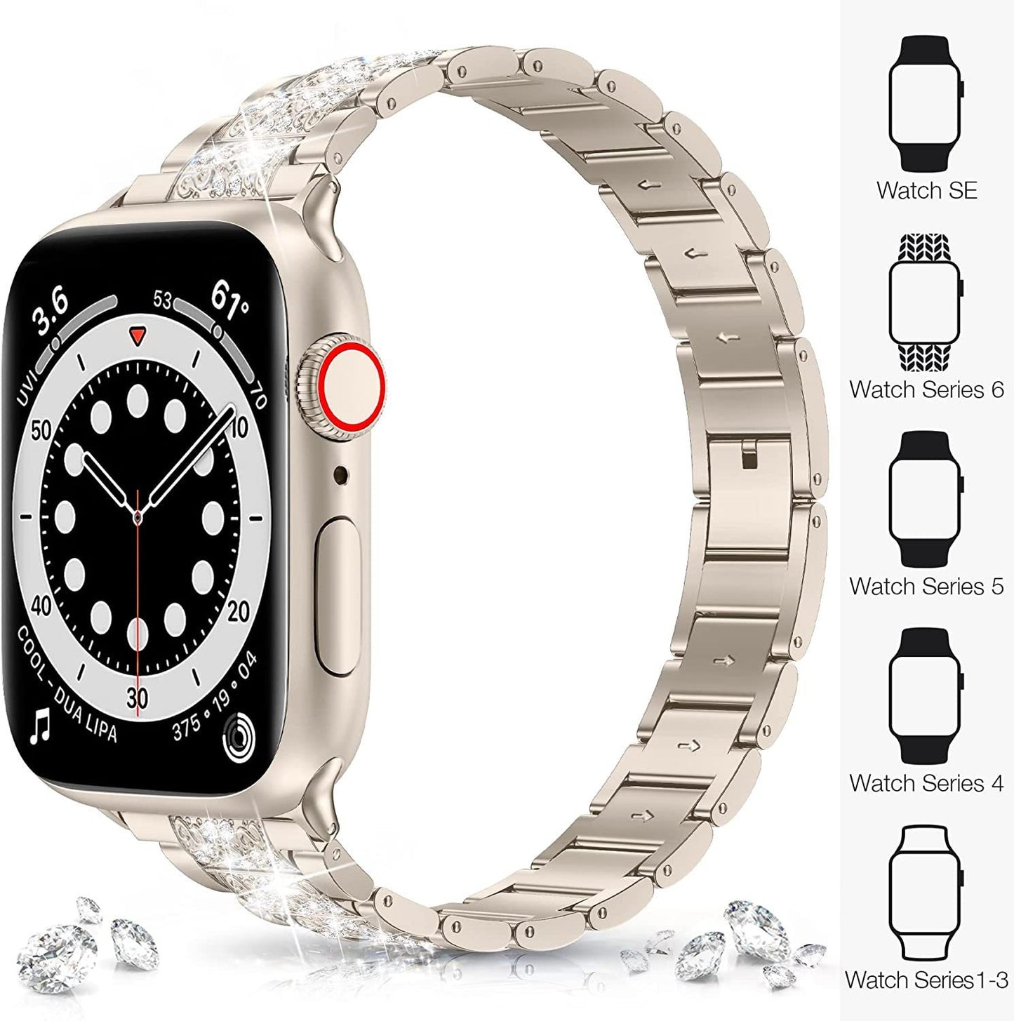 Bracelet Luxe Compatible Apple Watch – Alliage de Zinc, Strass & Perles