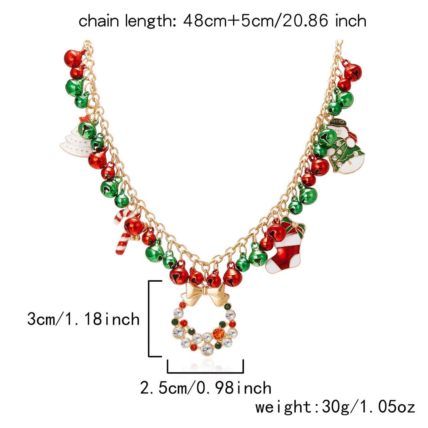 Collier Fantaisie de Noël – Sujets Gourmands & Couronne en Strass  | Bonbons, Canne Sucrée & Cloches