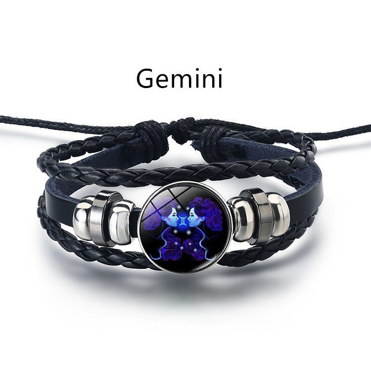 Bracelet Zodiaque Rétro – Cuir Tressé & Bouton Constellation