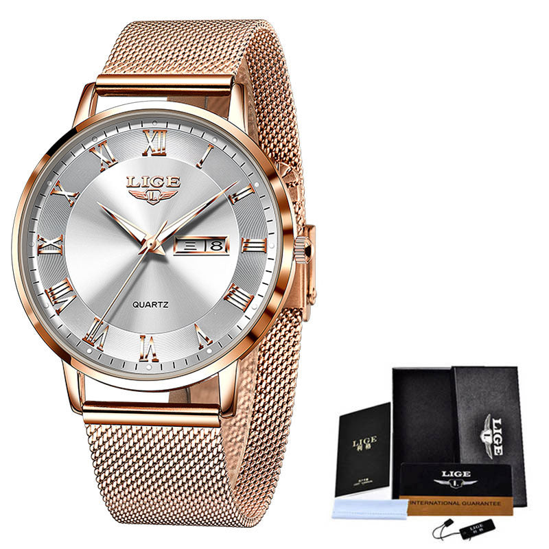 Montre Femme LIGE Ultra Thin – Élégance Fine & Bracelet Maille Milanese