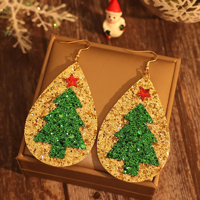 Boucles d’Oreilles Sapin de Noël – Goutte Dorée en Cuir