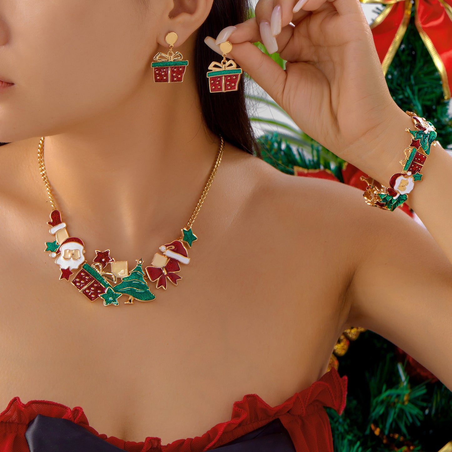 Ensemble Bijoux de Noël – Collier, Bracelet, Boucles & Set complet  | Motifs Cadeaux, Rennes, Sapins & Père Noël