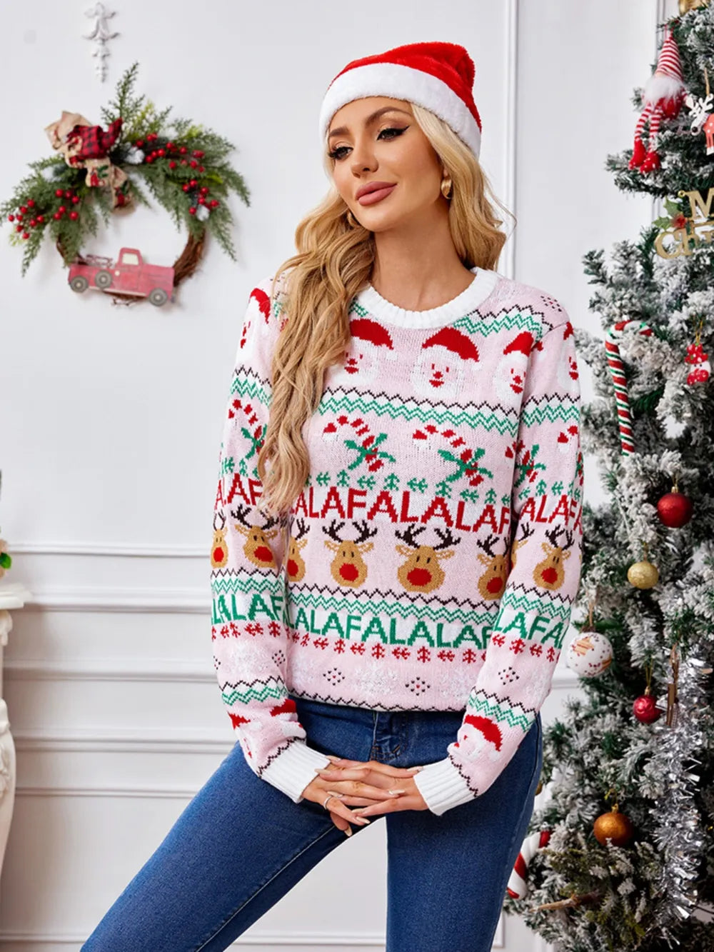 Pull de Noël Rose Poudré – Motif Festif & Détails Mignons
