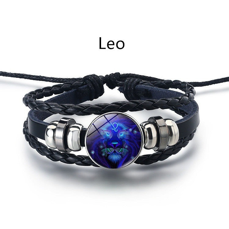 Bracelet Zodiaque Rétro – Cuir Tressé & Bouton Constellation