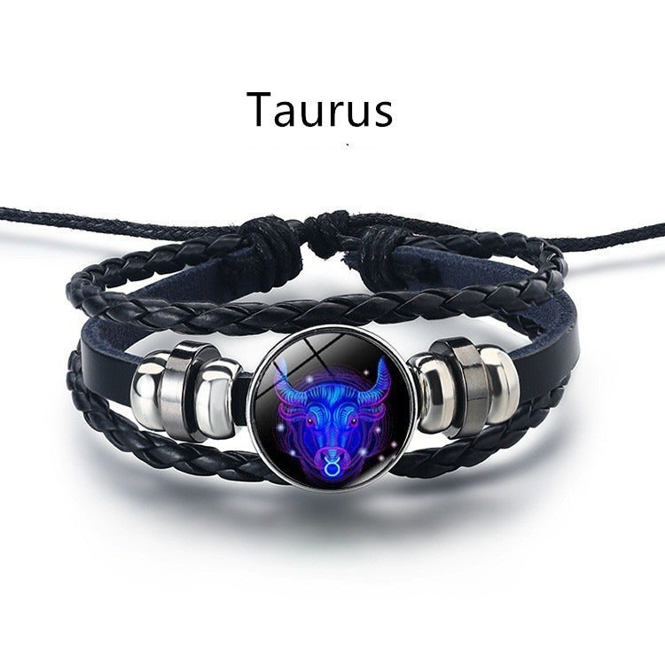 Bracelet Zodiaque Rétro – Cuir Tressé & Bouton Constellation