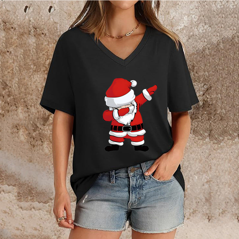 T-shirt de Noël à col en V et manches courtes pour femme