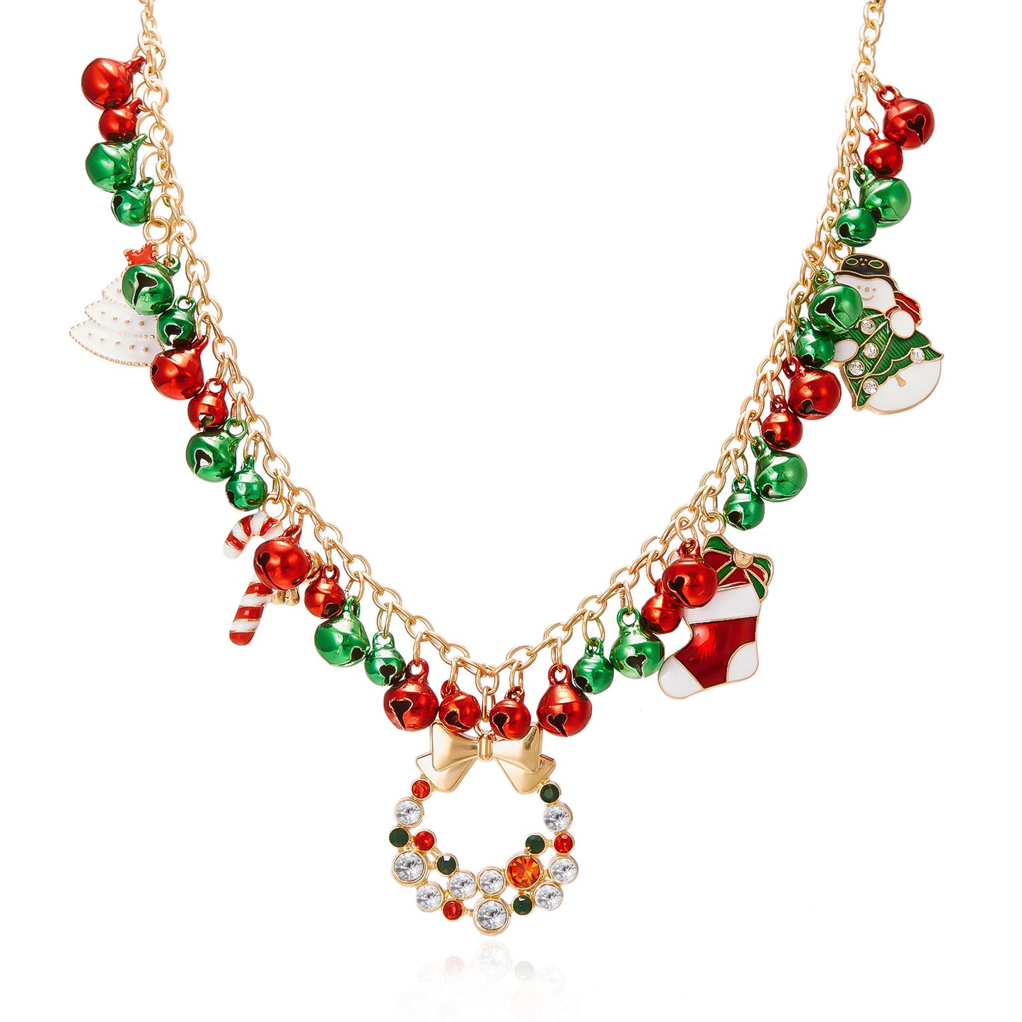 Collier Fantaisie de Noël – Sujets Gourmands & Couronne en Strass  | Bonbons, Canne Sucrée & Cloches