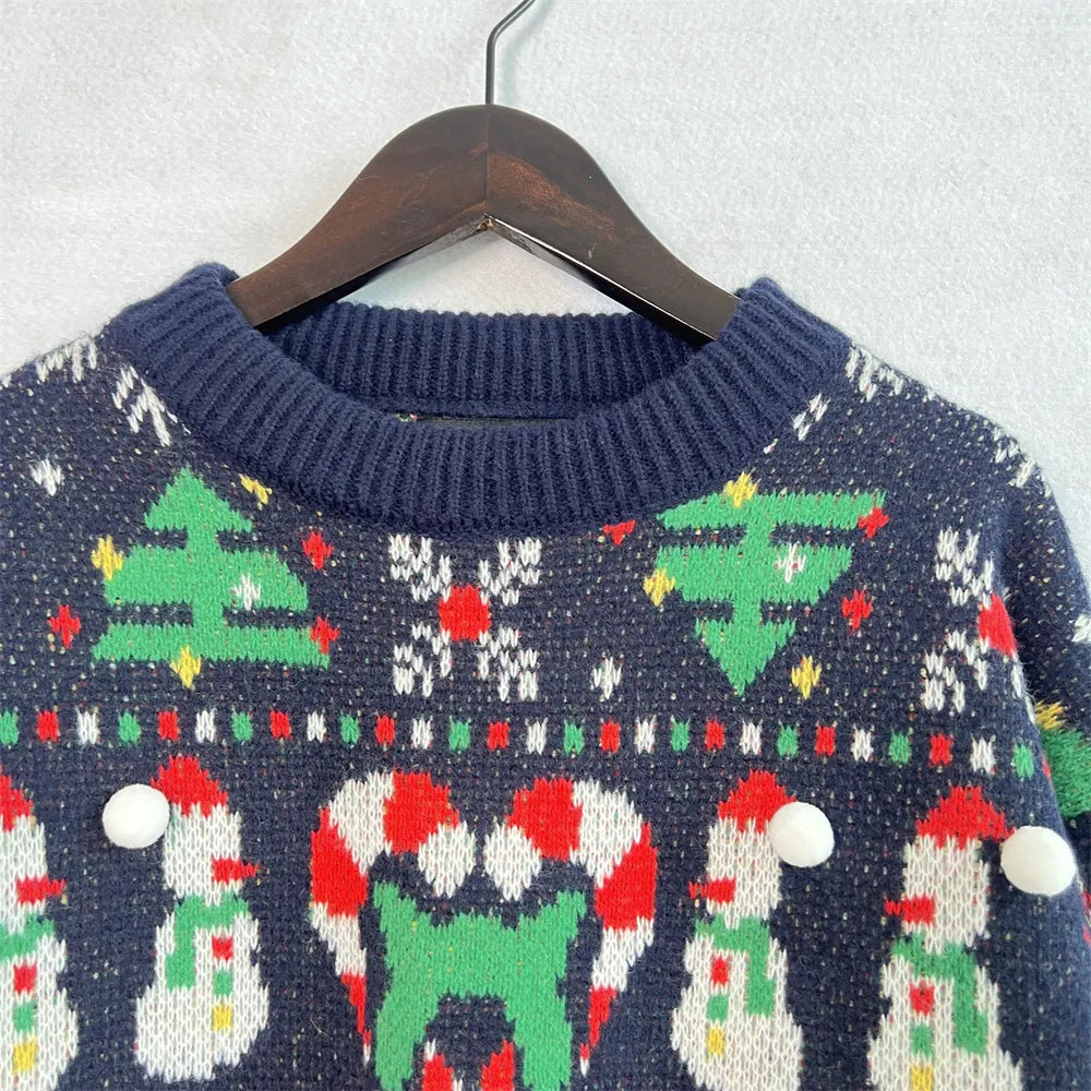 Pull de Noël « Merry Christmas » – Col Rond & Manches Longues – Bleu Foncé