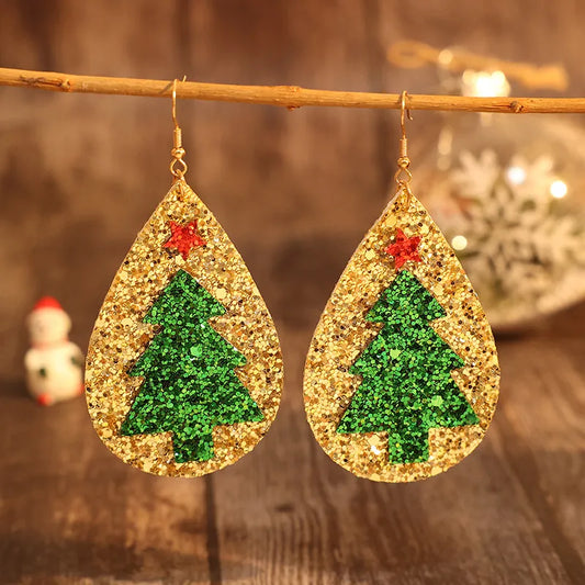 Boucles d’Oreilles Sapin de Noël – Goutte Dorée en Cuir