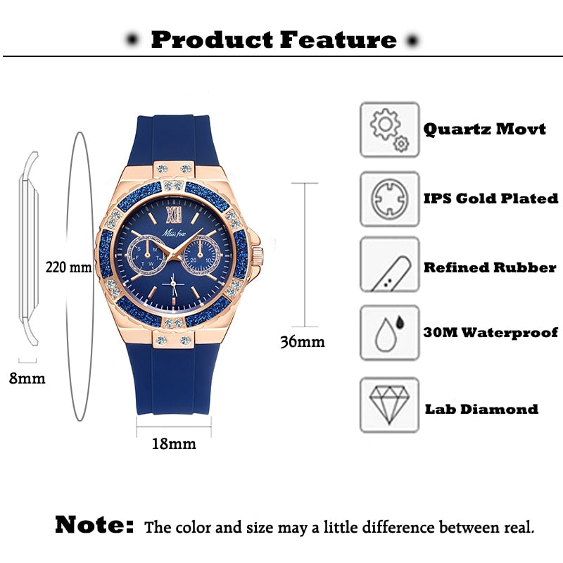 MISSFOX  2593 Montre Femme Chronographe Glam – Cadran Bleu & Détails Rose Gold