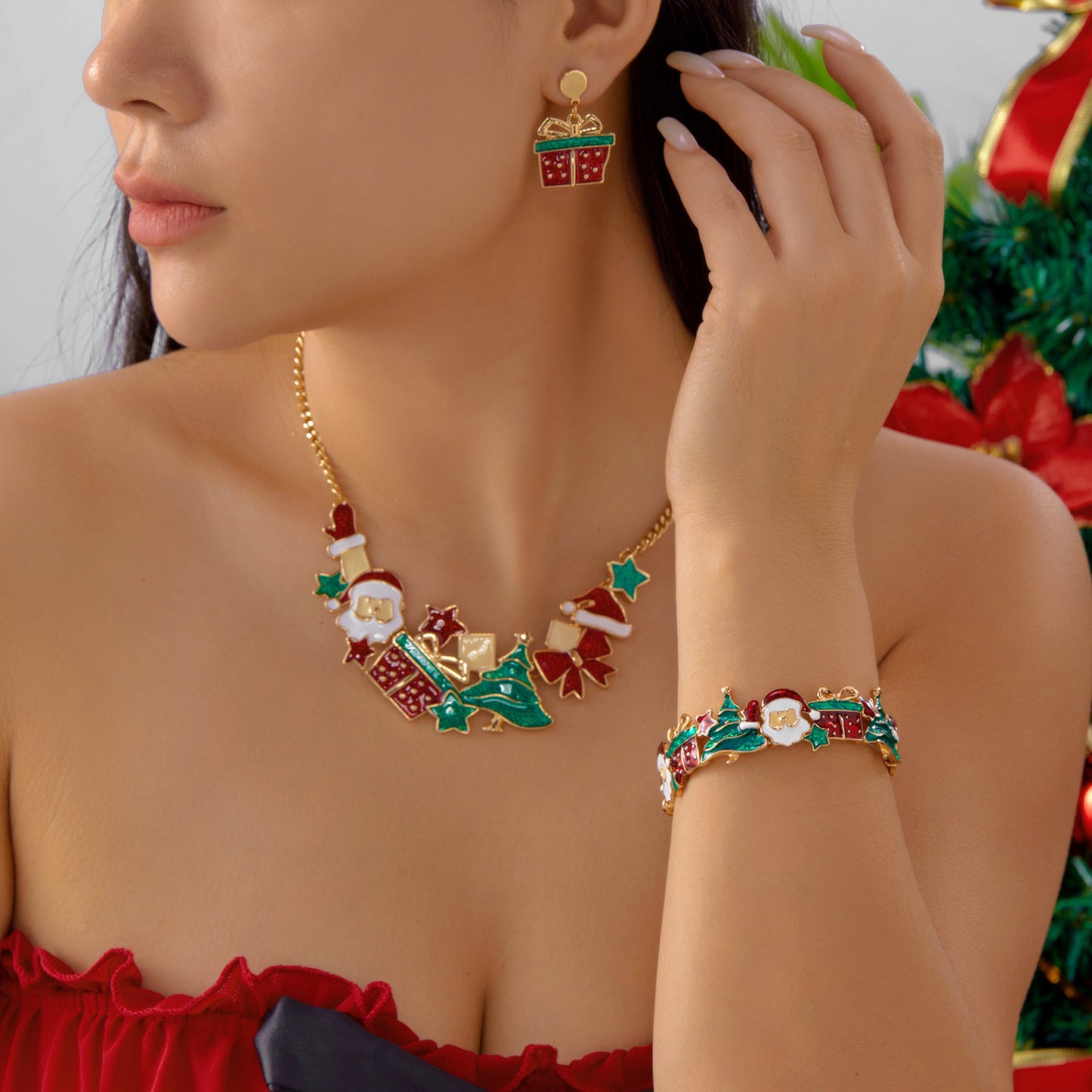 Ensemble Bijoux de Noël – Collier, Bracelet, Boucles & Set complet  | Motifs Cadeaux, Rennes, Sapins & Père Noël