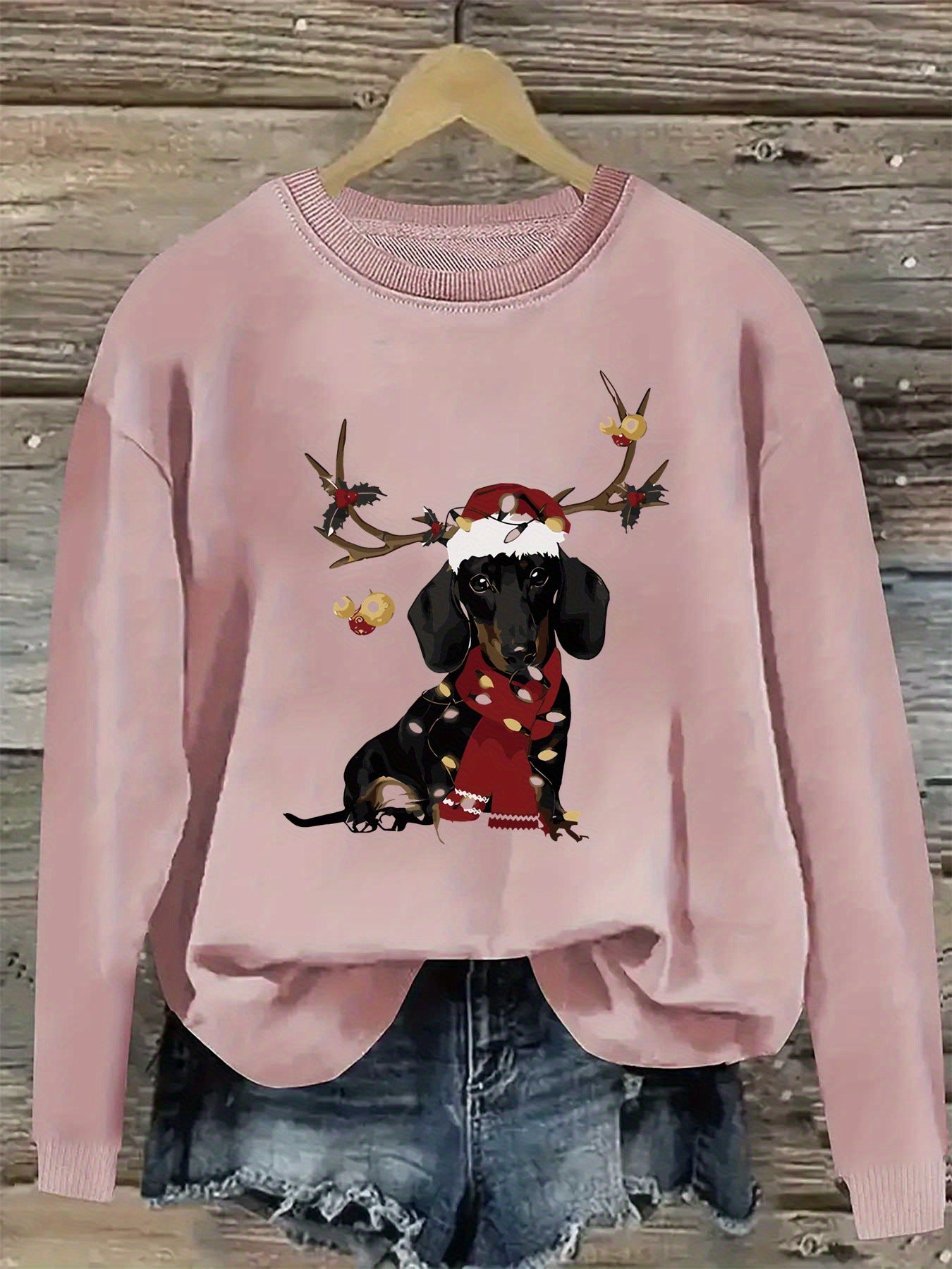 Sweat de Noël Rose “Teckel Festif” – Col Rond & Détails Mignons