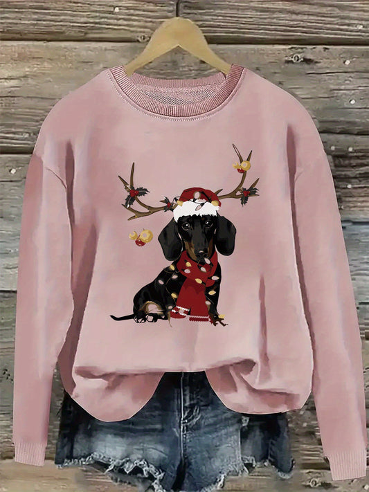 Sweat de Noël Rose “Teckel Festif” – Col Rond & Détails Mignons