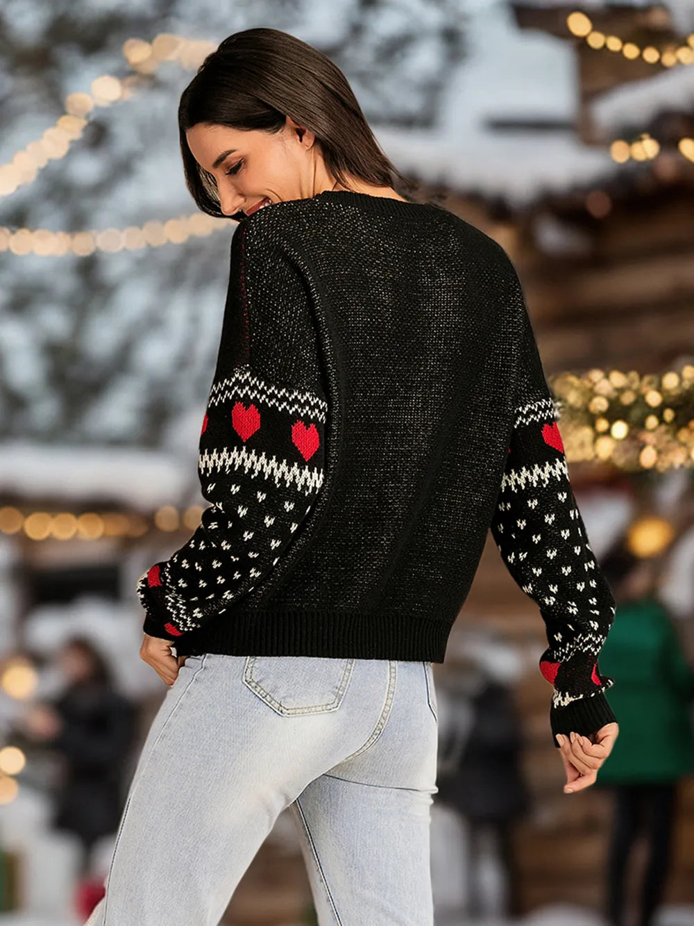 Pull de Noël "Rennes & Flocons" – Col Rond Noir