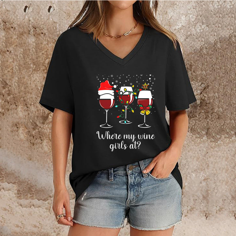 T-shirt de Noël à col en V et manches courtes pour femme