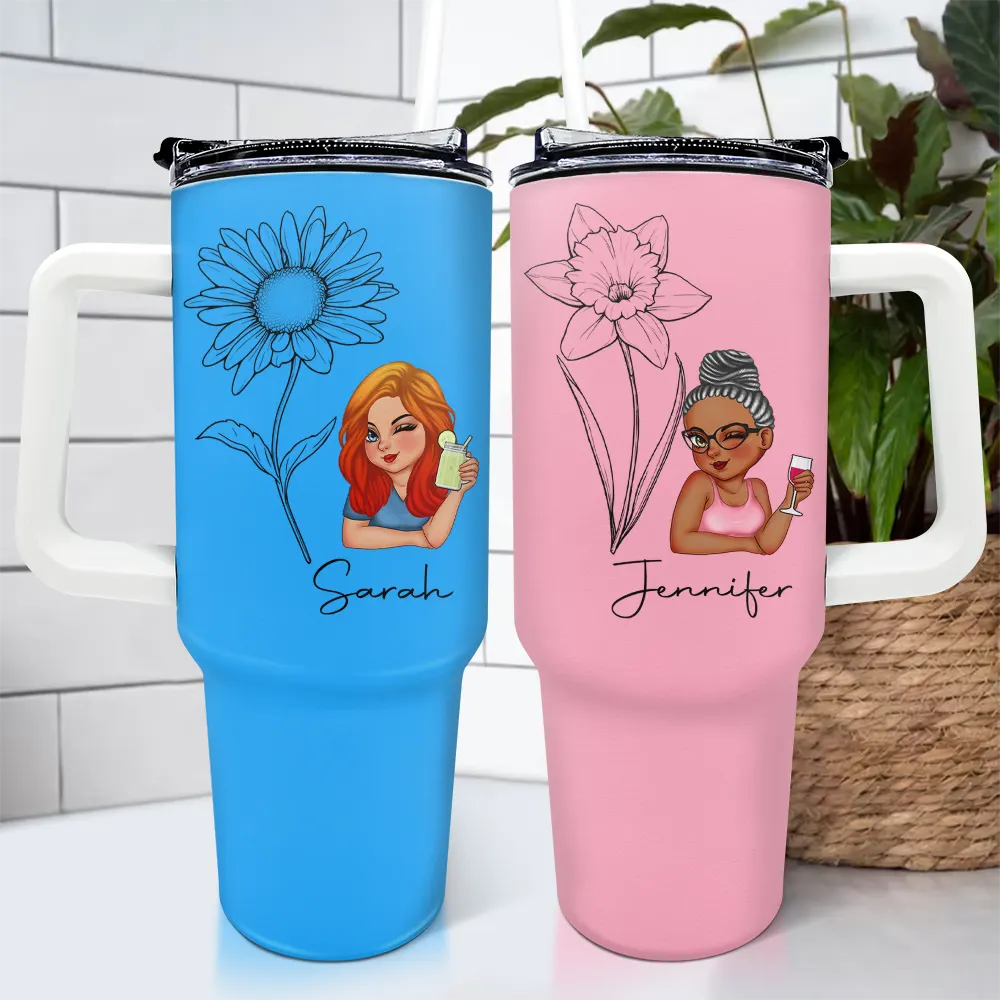 Personalized Birth Month Flowers Tumblers with Straw - Blue and Pink Stainless Steel, floral design, ideal gift.
