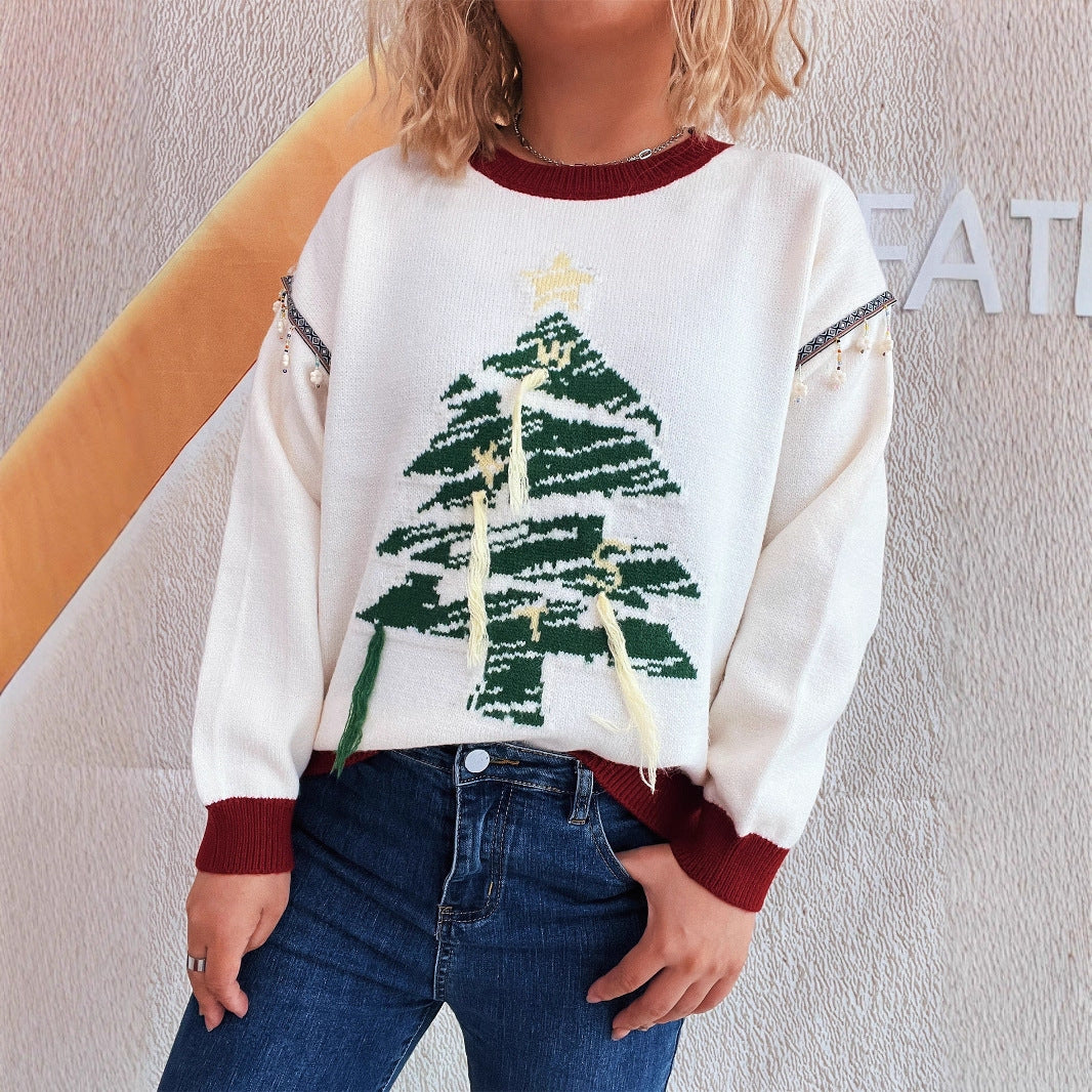 Pull de Noël Femme – Motif Sapin et Liserés Blancs, Col Rond, Coupe Confort