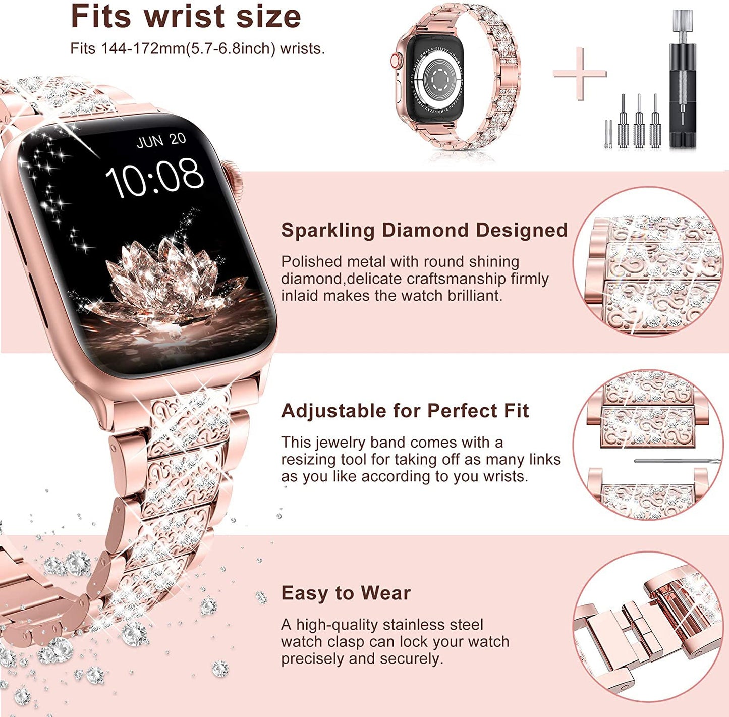 Bracelet Luxe Compatible Apple Watch – Alliage de Zinc, Strass & Perles