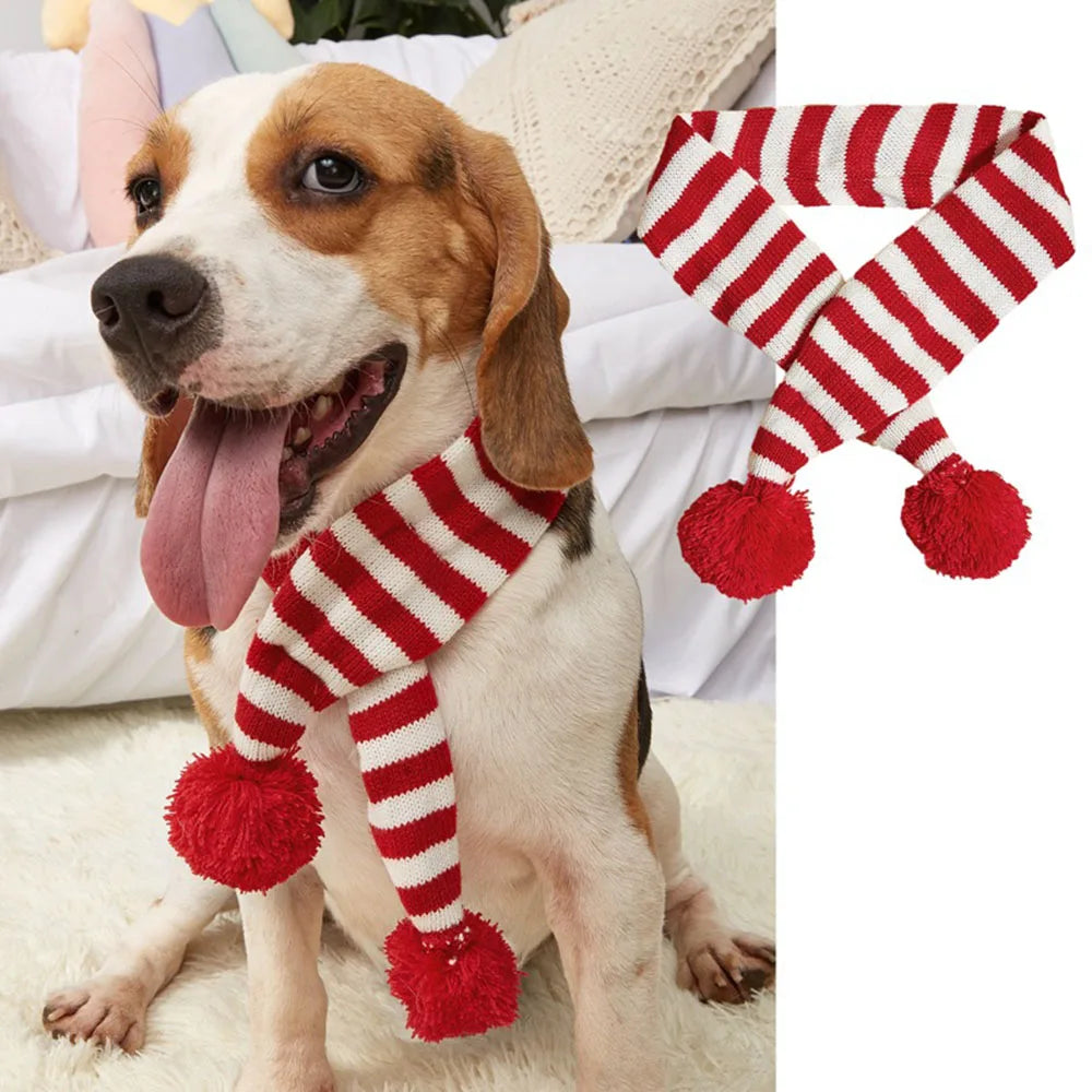 Écharpe de Noël Rayée pour Chien – Motif Bonhomme, Pompons