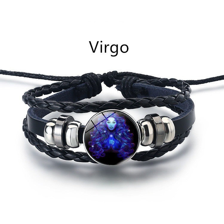 Bracelet Zodiaque Rétro – Cuir Tressé & Bouton Constellation