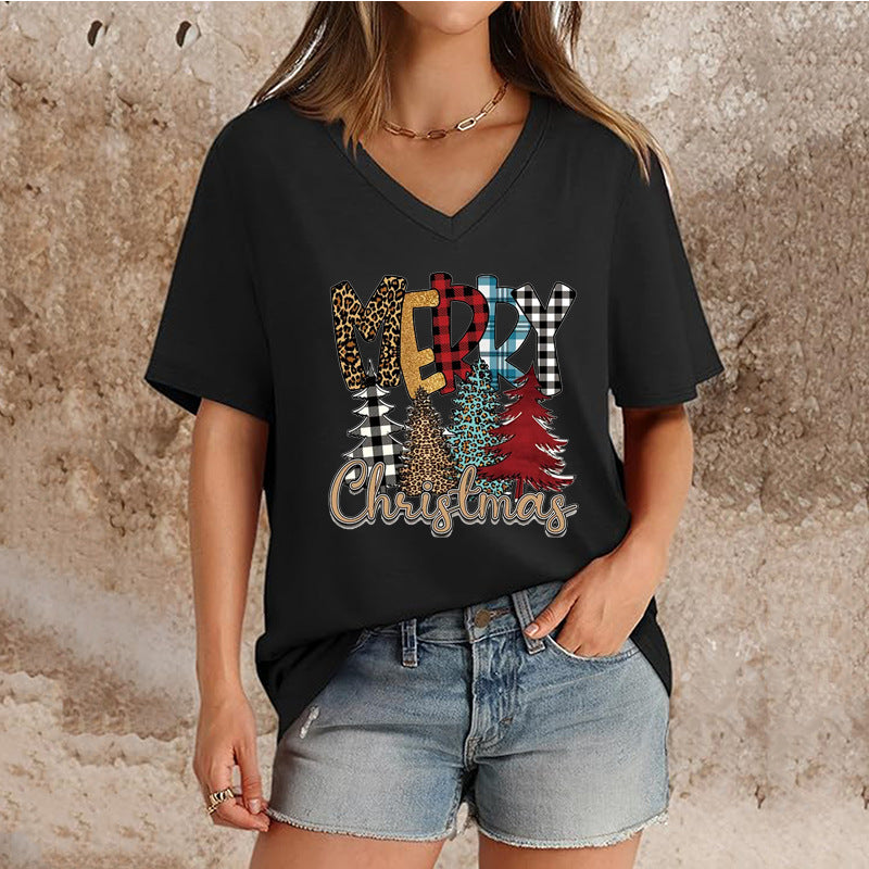 T-shirt de Noël à col en V et manches courtes pour femme