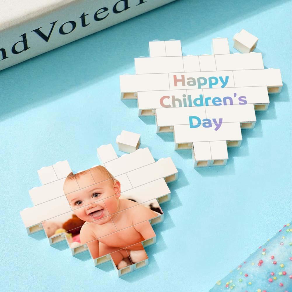 Custom heart-shaped building brick photo block with baby picture, Happy Children's Day