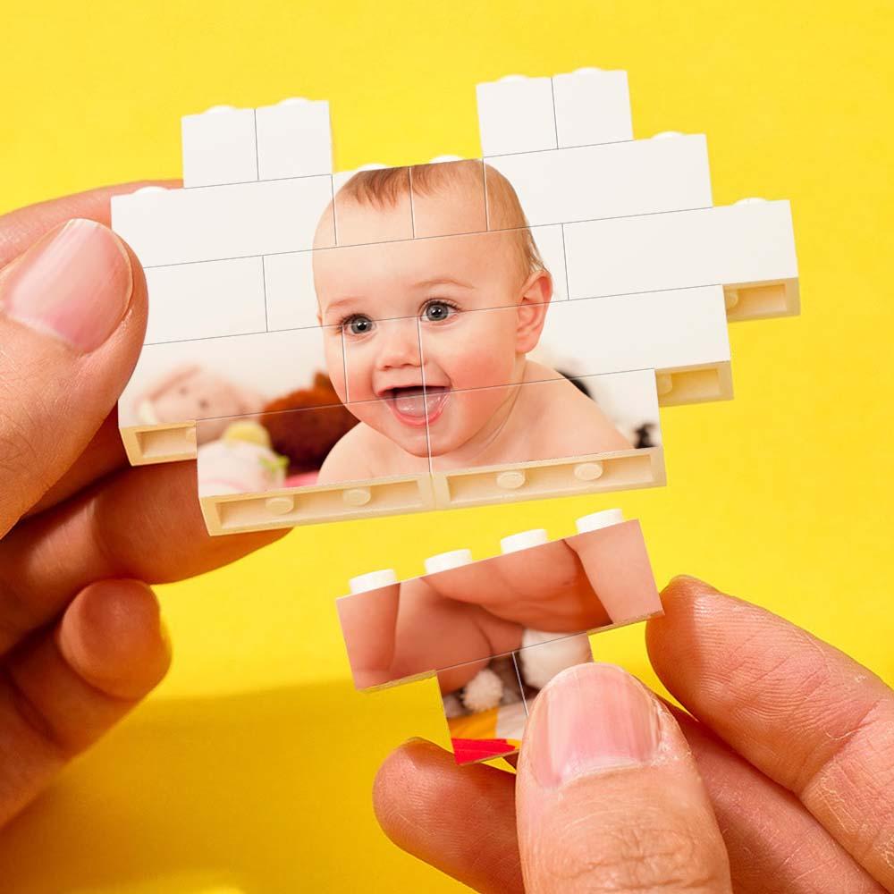 Assembling Custom Heart-Shaped Photo Block for Children's Day. Displaying a baby's picture with building brick.