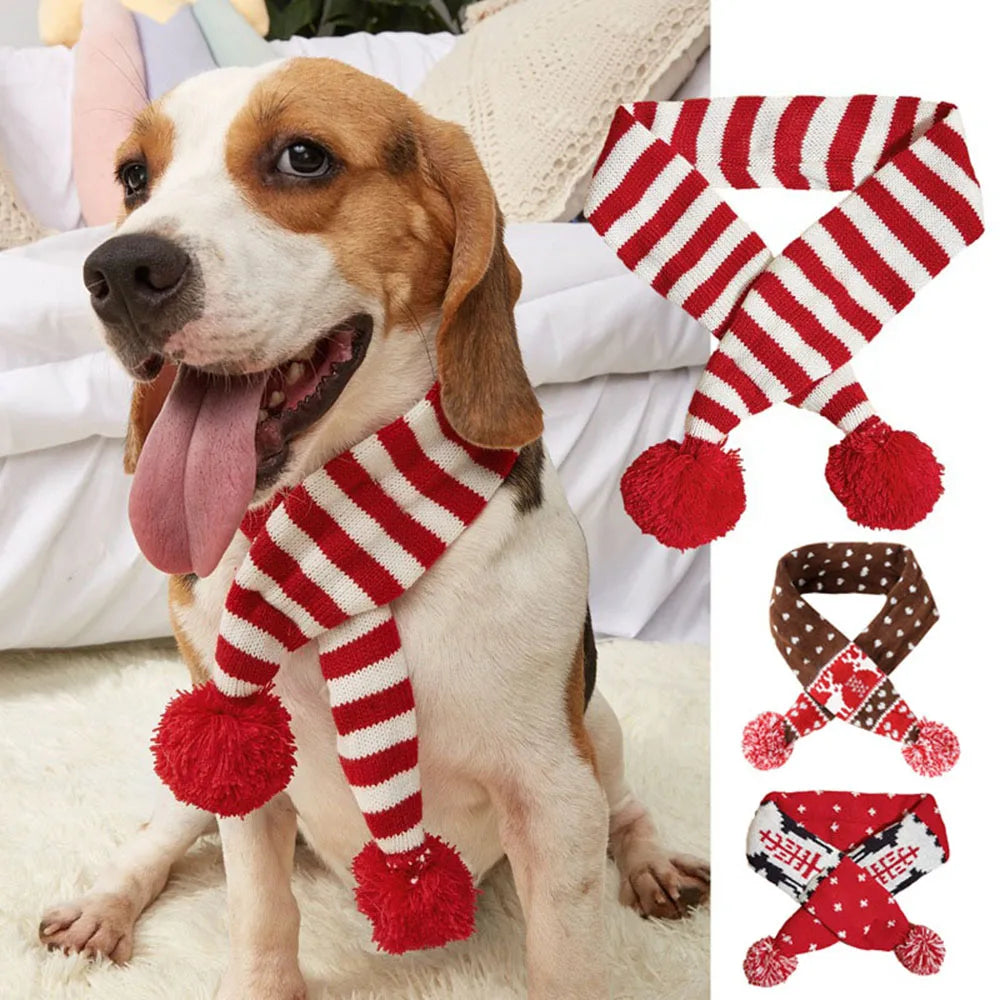 Écharpe de Noël Rayée pour Chien – Motif Bonhomme, Pompons