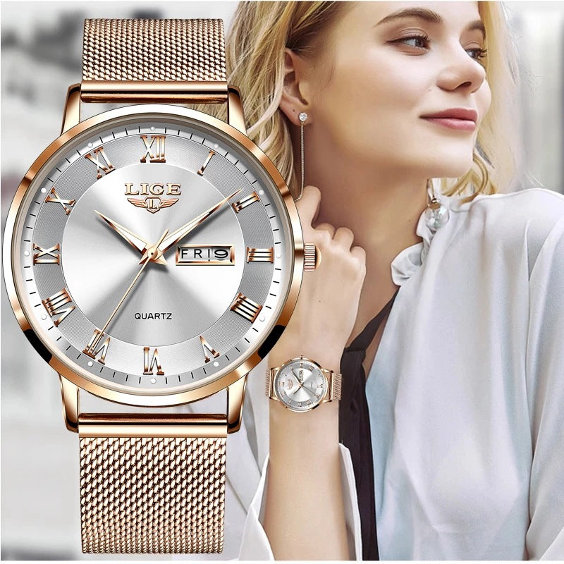 Montre Femme LIGE Ultra Thin – Élégance Fine & Bracelet Maille Milanese