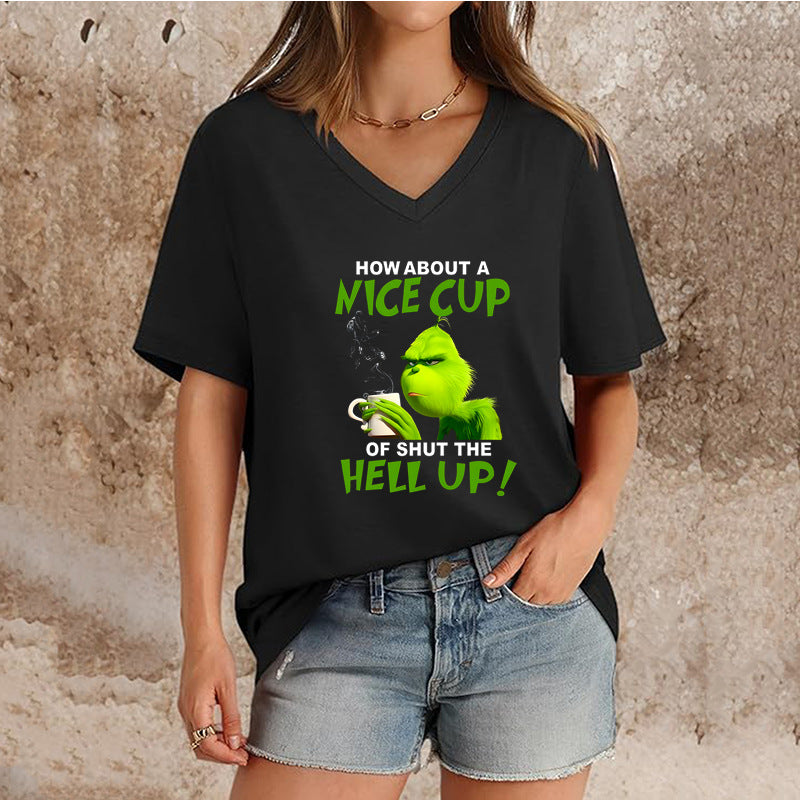 T-shirt de Noël à col en V et manches courtes pour femme