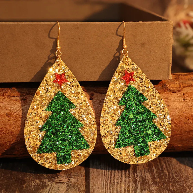 Boucles d’Oreilles Sapin de Noël – Goutte Dorée en Cuir