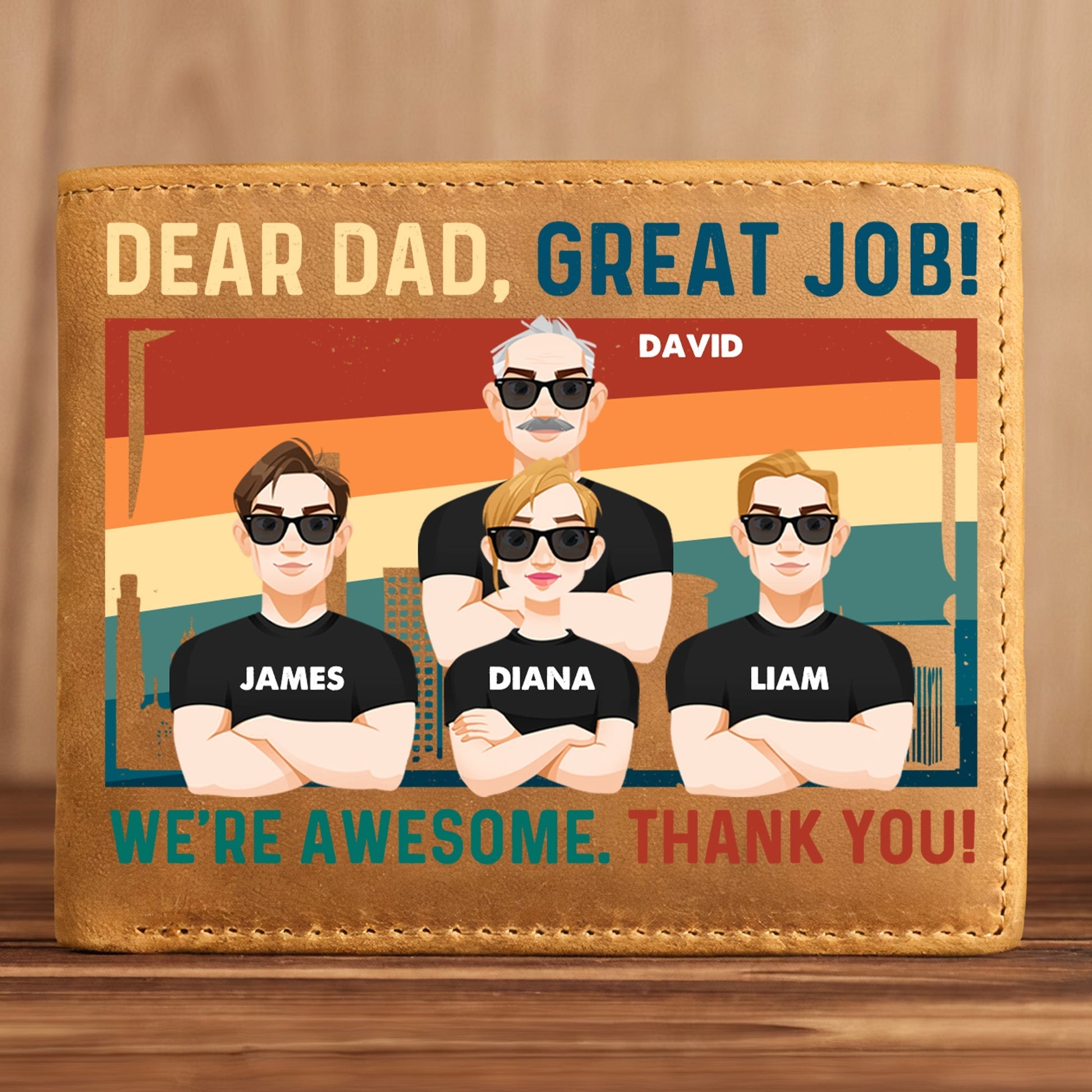 Personalized leather wallet for Dad with 'Dear Dad, Great Job!' design, a thoughtful gift for Father's Day or new dad.