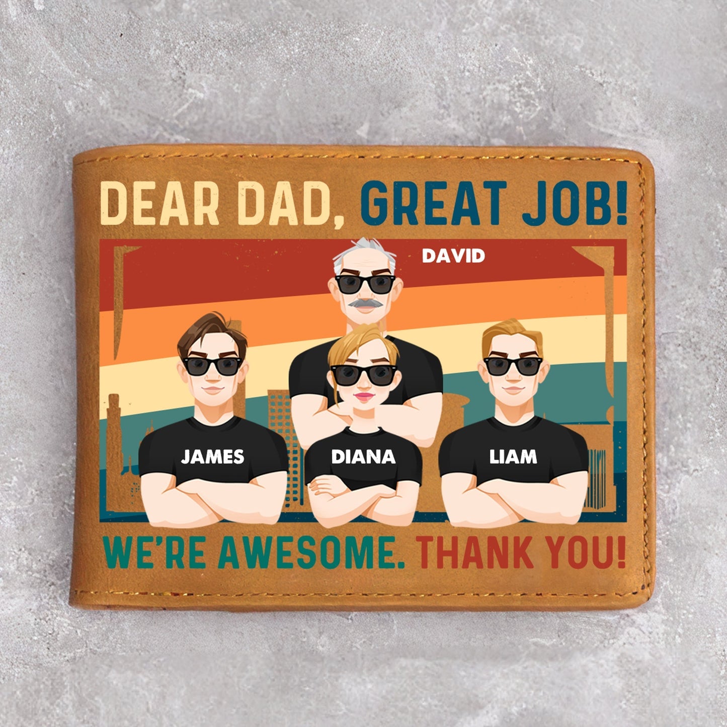 Personalized Dad Wallet with "Dear Dad, Great Job!" and family portrait, Father's Day gift.