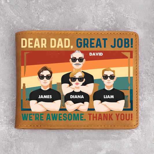 Personalized Dad Wallet with "Dear Dad, Great Job!" and family portrait, Father's Day gift.