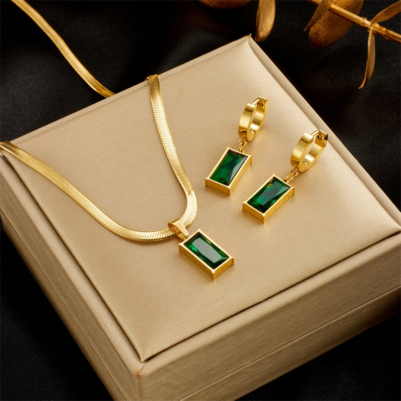 Collier Luxueux Émeraude – Plaqué Or & Zircon Vert Taille Rectangle (Collier, Boucles d'oreilles ou Set)