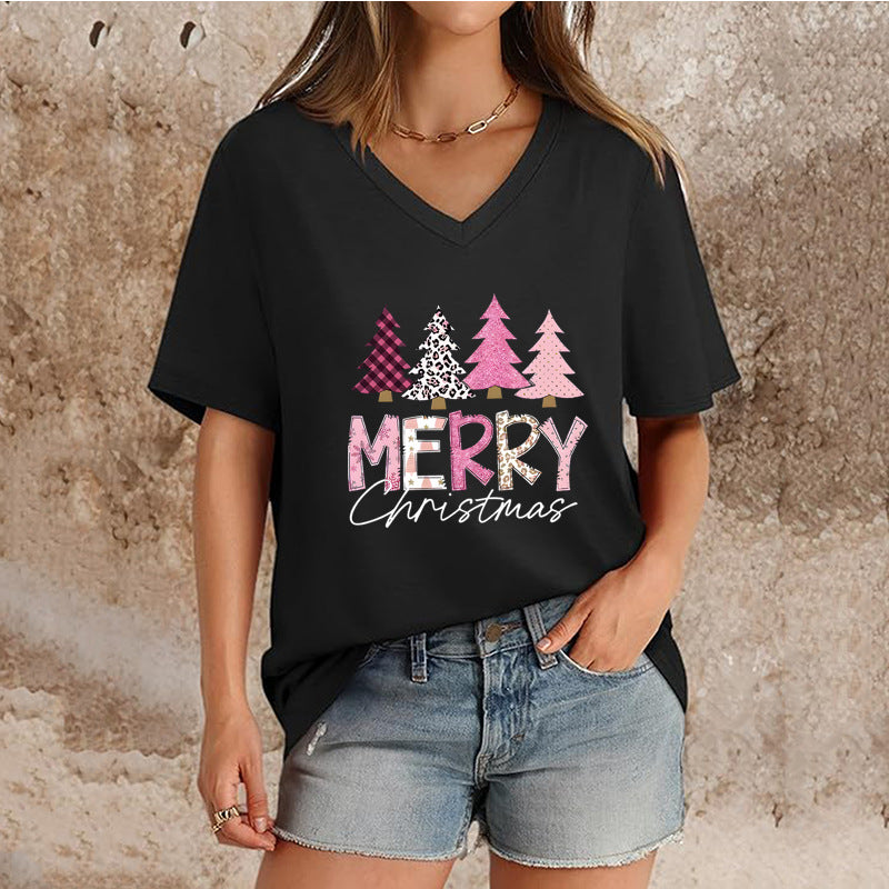 T-shirt de Noël à col en V et manches courtes pour femme