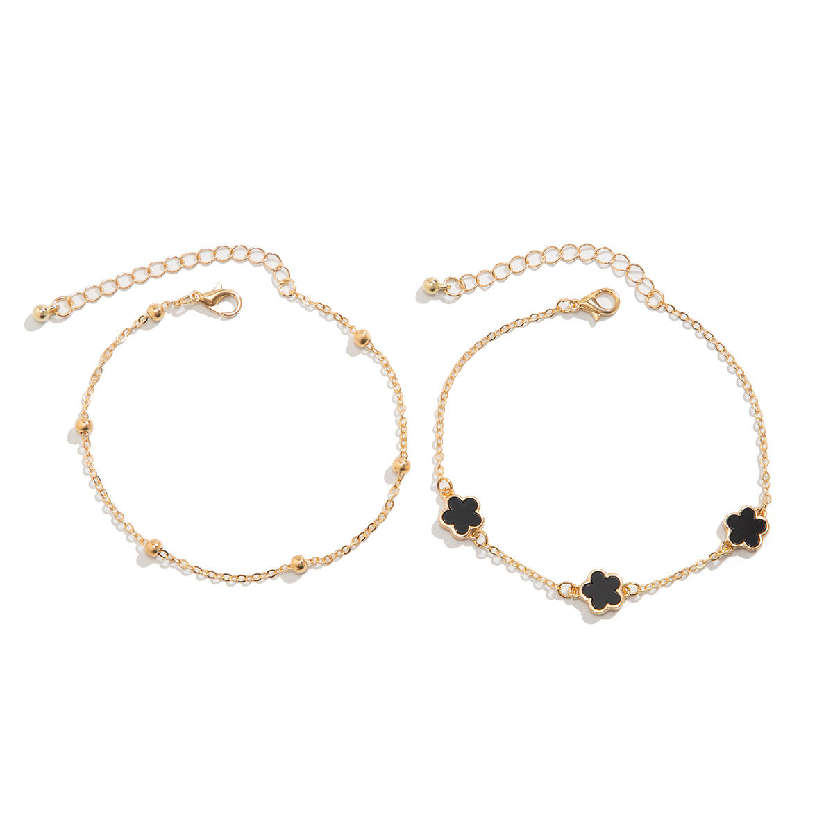 Chaîne de Cheville Double‑Rang Trèfle & Fleurs – Cuivre plaqué Or