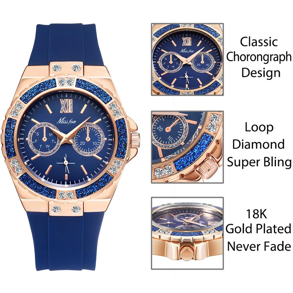 MISSFOX  2593 Montre Femme Chronographe Glam – Cadran Bleu & Détails Rose Gold
