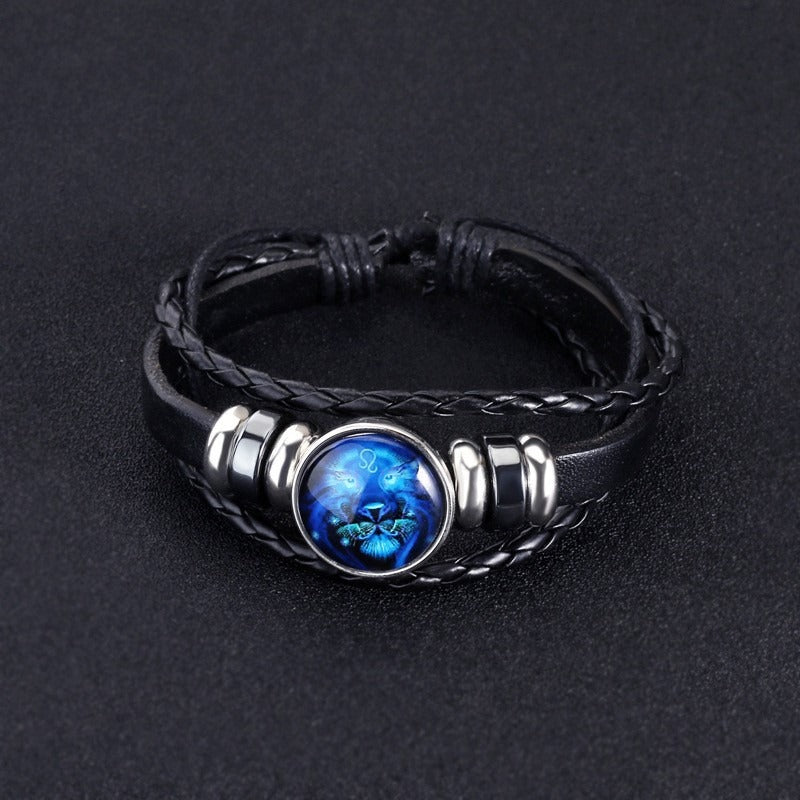 Bracelet Zodiaque Rétro – Cuir Tressé & Bouton Constellation