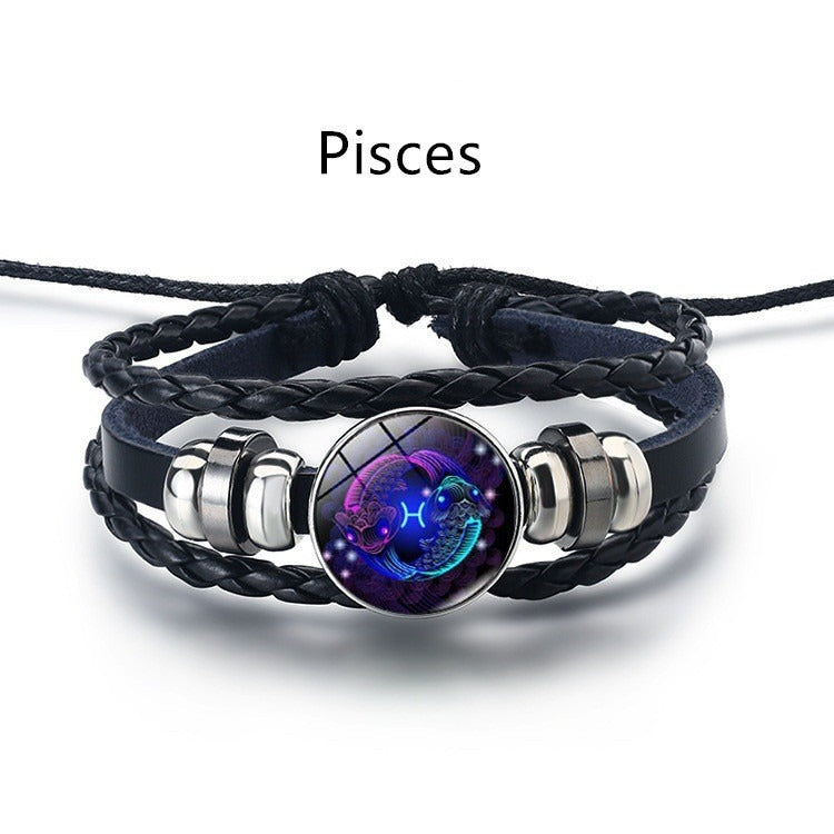 Bracelet Zodiaque Rétro – Cuir Tressé & Bouton Constellation