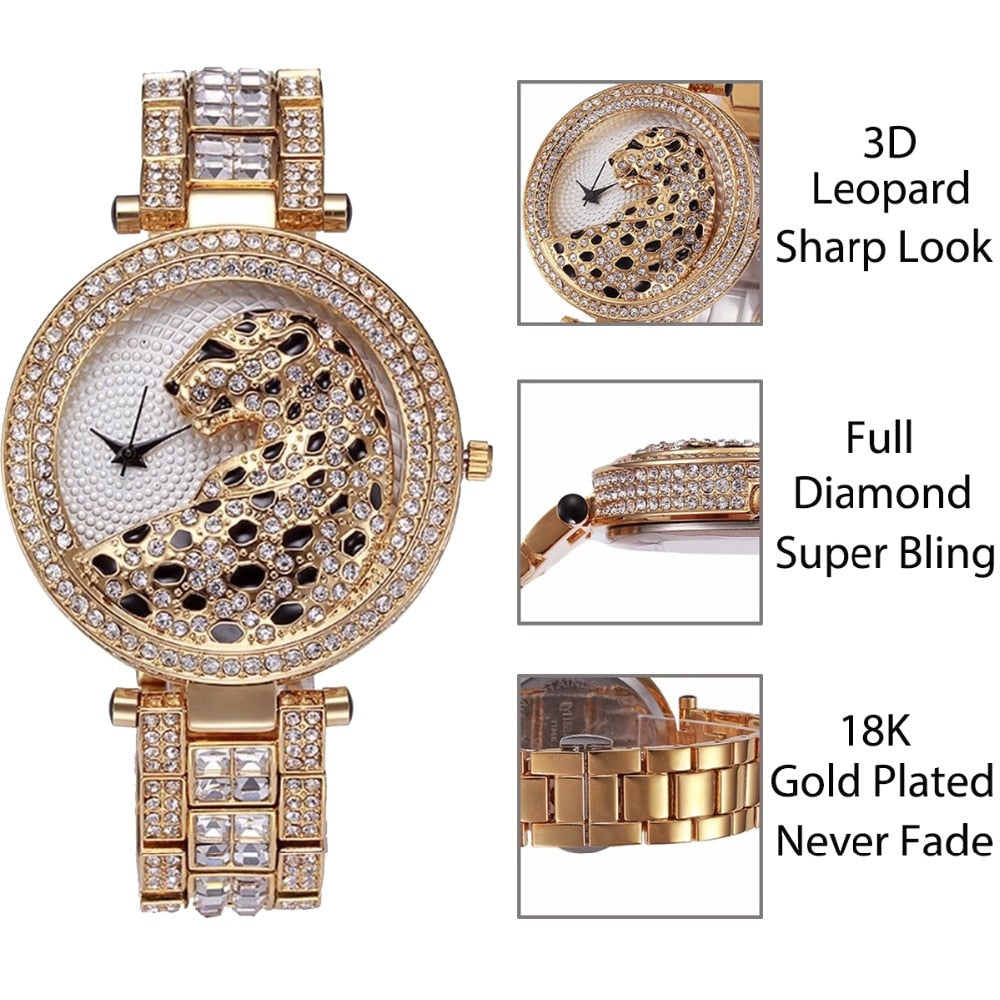 MISSFOX V227 Montre Femme Léopard – Cristaux Brillants & Élégance Dorée